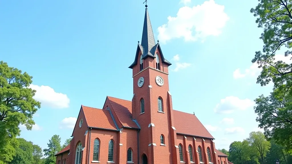 Tukuma baznīcas tornis ar neoromāniskas arhitektūras stilu, ķieģeļu fasāde, augsts steeple, dienas gaisma