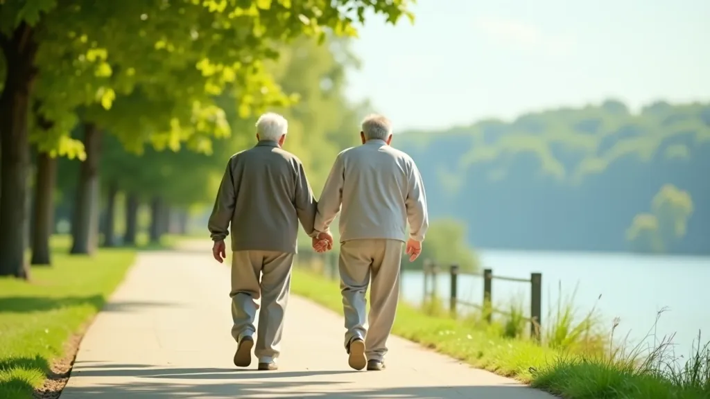 Divi seniori smaidīgi pastaigā blakus ezeram ar skaidru debesi