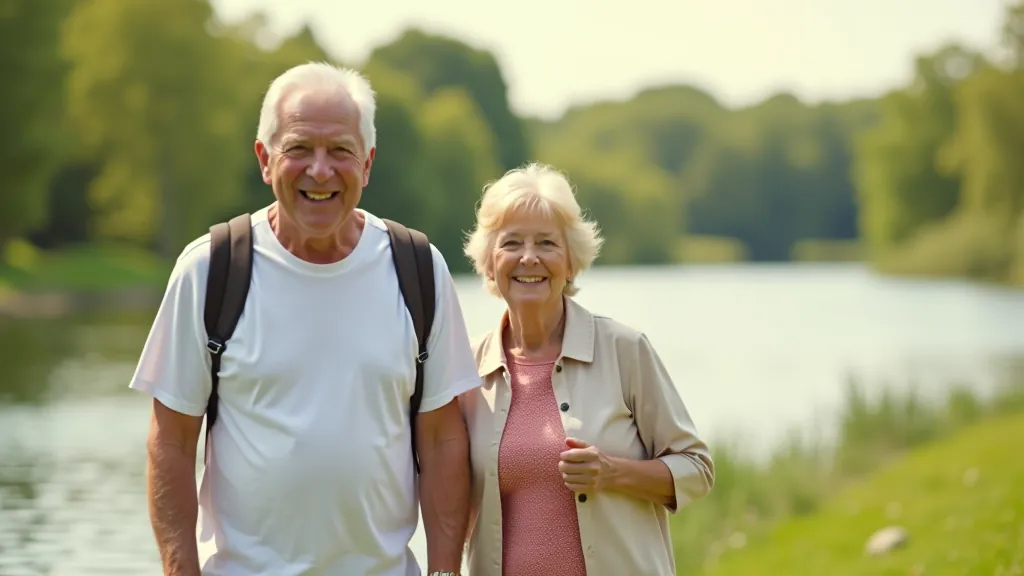 Senioru ģimene pastaigas laikā, smaidīga sejas, relaksēta atmosfēra, ezera fons