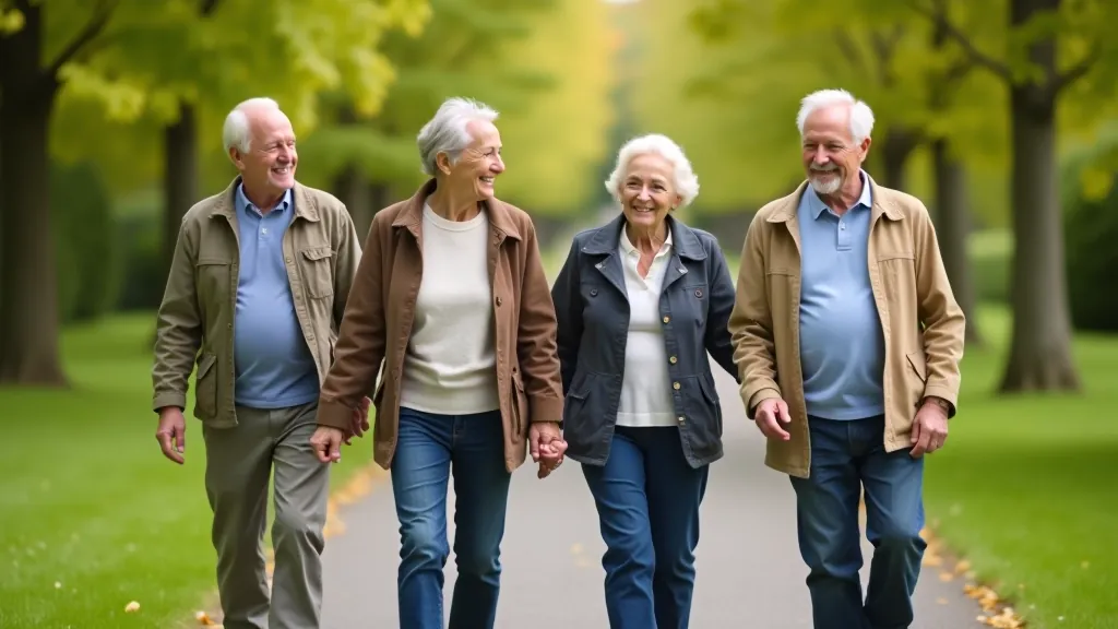 Četri seniori staigā kopā parka celiņā, sasmaidīti, dažāda vecuma, veselības pastaigāšana