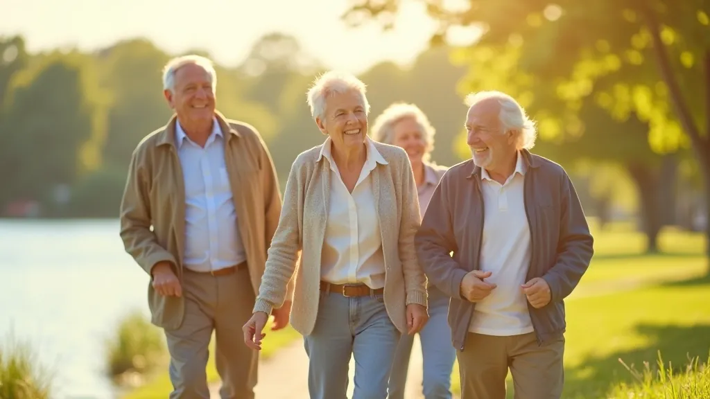Grupa senioru smaida un skaita pie Durbes ezera promenādes, saulains dienas laiks