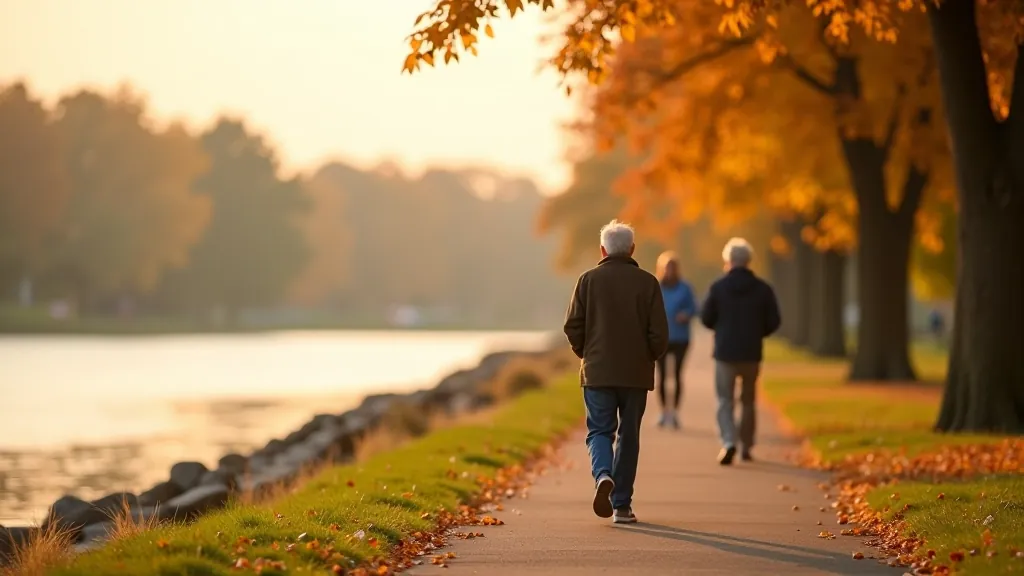 Seniori staigā pa Durbes ezera promenādi skaistā rudens laikā